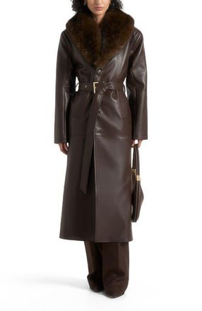 Mani&egrave;re De Voir Cenya Fur Collar Belted Leather Coat in Brown at Nordstrom, Size 12