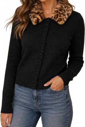 RD Style Knit Cardigan With Detachable Leopard Faux Fur Collar In Black