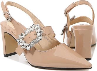 Generic Beige,6.5 UK,Womens Slingback Pumps High Chunky Closed Toe Block Heels with Rhinestone Buckle Dress Elegant Party Wedding Shoes