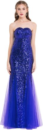 Angel Fashions Womens Padding Sleeveless Blue Sequins Tulle Evening Dress Large Blue