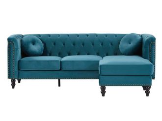 VENTE-UNIQUE.COM Sof&aacute; rinconera terciopelo 4 plazas azul verdoso 222x144cm