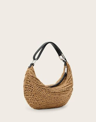 AllSaints Luna - Borsa a tracolla a mezzaluna in rafia color naturale-Marrone