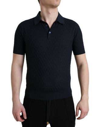 Dolce & Gabbana Mens Knitted Polo Shirt Short Sleeves - Navy Silk - Size EU 44 (Mens)