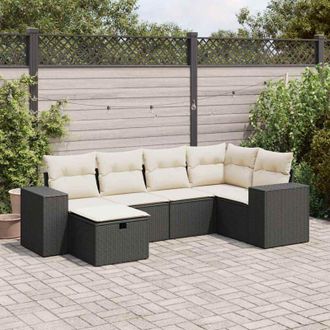 vidaXL Set De Sof&aacute;s De Jard&iacute;n 6 Piezas Y Cojines Rat&aacute;n Sint&eacute;tico Negro