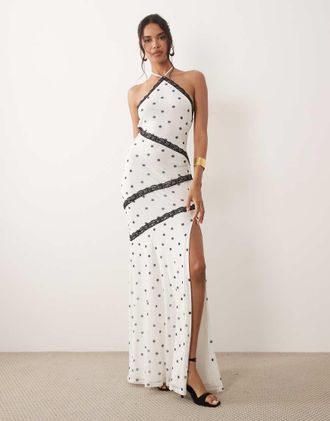 Asos Vestito lungo allacciato al collo bianco a pois-Multi