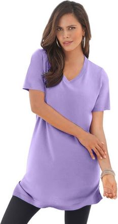 Roaman's Plus Size Ultimate Cotton V-Neck Short Sleeve Tunic in Vintage Lavender at Nordstrom, Size Medium