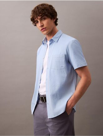 Calvin Klein Mens Solid Seersucker Classic Button-Down Shirt - Blue - 2XL