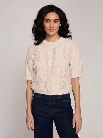 Autumn Cashmere Short Sleeve Fringe Crewneck Sweater In White