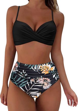 Generic Womens Bikinis Set High Waisted Solid Color Swimming Costume Ladies Push Up Vintage Beachwear Tummy Control 2 Piece Swimsuits Twist Front Bikini Top P