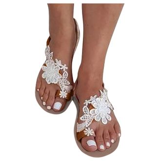 Generic Floral Lace Appliqu&eacute; Flat Sandals for Women,Boho Chic Toe-Loop Summer Sandals,Comfortable Bohemian Wedding Beach Shoes with Intricate White Floral Des