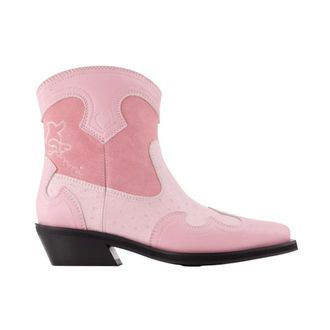 Ganni Low Shaft Embroidered Western Boots - female - Ganni - Cowboy & Biker Boots - Pink - 3 UK - Shoes