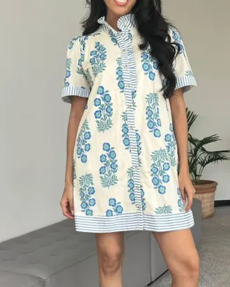 She + Sky Kari Floral Print Dress In Blue/ Ivory