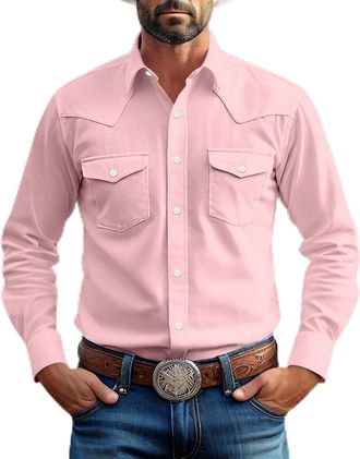 Generic Mens Two Pocket Long Sleeve Button Work Shirt Vintage Solid Color Lapel Shirt Slim Fit Mens Casual Shirts Cowboy Cut Western Style Pink