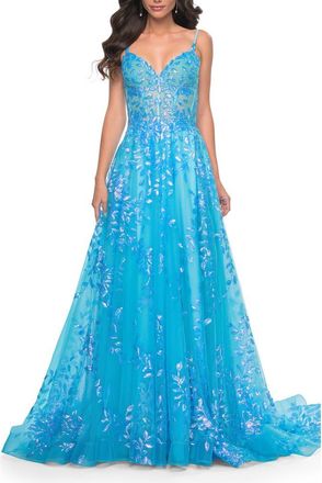 La Femme Sequin Lace Print Tulle A-Line Prom Dress with Illusion Bodice in Blue at Nordstrom, Size 10