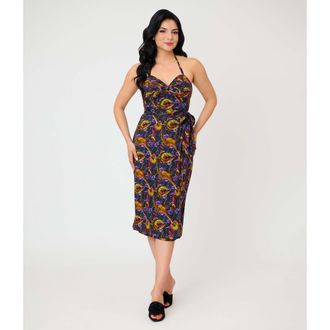 Unique Vintage Leilani Sleeveless Sarong Dress in Black Carnivorous Plants at Nordstrom, Size X-Large