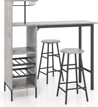 Costway Costway - Juego De 3 Piezas Mesa Y Sillas De Bar, Mesa Y Taburetes Industriales Con Soportes Para Copas De Vino Y Estantes Para 6 Botellas De Vino, Ju