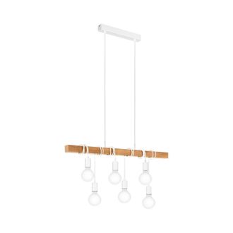 Loops Hanging Ceiling Pendant Light White & Wood 6x E27 Kitchen Island Multi Lamp