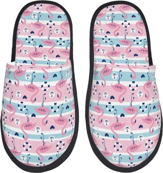 Generic Fluffy Slippers Striped Flamingo Lightweight Hotel Slippers Warm Anti-Slide Slipper For Ladies Bedroom Women M