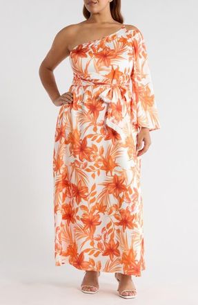 Sugarlips Nerola One-Shoulder Long Sleeve Maxi Dress in Orange-White at Nordstrom, Size 1X