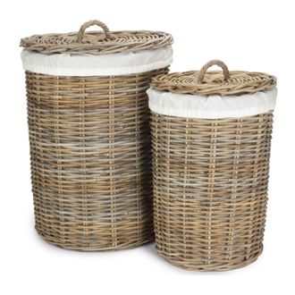 Red Hamper Set of 2 Round Rattan Laundry Hamper Basket with White Lining in Natural | Size: 2 Pack
