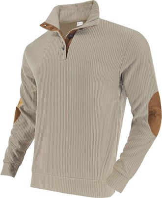 Zocavia Mens Quilted Sweatshirt Casual Corduroy Quarter Button Up Pullover Fashion Long Sleeve Stand Collar Sweatshirts with Elbow Patches,Khaki,XL