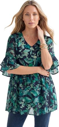 Roaman's Hand Crinkled Flutter Sleeve Tunic in Teal Petunias Floral at Nordstrom, Size 14
