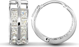 Jewelco London 9ct White Gold CZ 2 Row Eternity 5mm Huggie Hoop Earrings 12mm - JER524