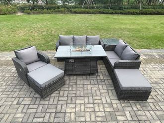 Fimous Garden Patio Furniture Wicker Rattan Gas Fire Pit Table & Sofa Chair set with Side Tables 2 Big Footstool in Dark Grey