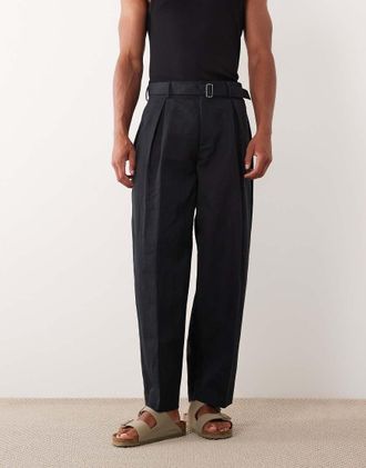 Asos Pantaloni eleganti in misto lino neri con fondo ampio e cintura-Nero