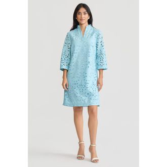 Ming Wang Lined Embroidered Stitch Woven Midi Dress in Serene at Nordstrom, Size X-Small