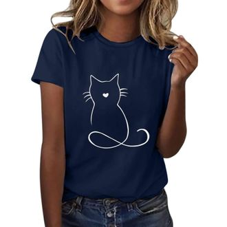 Generic Cat Graphic Lounge Shirts for Women UK Cute Short Sleeve Round Neck Soft Casual Tshirts Ladies Summer Outdoor Fashion T-Shirt Plus Size Navy