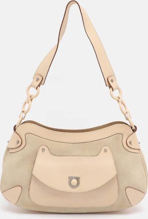 Ferragamo Beige Leather And Suede Gancini Shoulder Bag