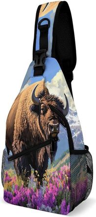 Generic Bison Snowy Mountain Flowers Mens Crossbody Chest Sling Bag for Travel Hiking Lightweight Shoulder Bags with Small Side