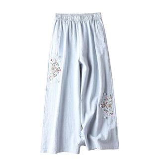 Generic Women S Culottes Linen Blend Wide Leg Pants Elastic Waist Casual Palazzo Trousers with Pockets Capris Womens Striped Pants Casual (Blue, XXXL)