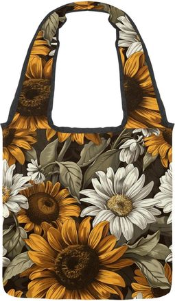 Generic Retro Yellow Sunflowers Reversible Canvas Shoulder Tote - Double-Sided Print, 12oz Cotton, 27cm Drop, Fold-Flat Bag for Travel, Shopping, Street Outin