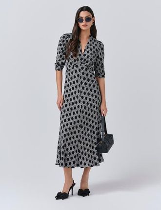 Ghost London Mia Crepe Polka Dot Midi Tea Dress in Black Spot Floral at Nordstrom, Size 14