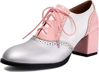 Generic Womens High Heeled Wingtips Oxford Shoes Lace-Up Vintage Brogues Chunky Block Heel Work Shoes,Silver,4.5 UK