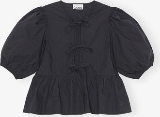 Ganni Black Cotton Poplin Peplum Tie Blouse - Size 32 Organic