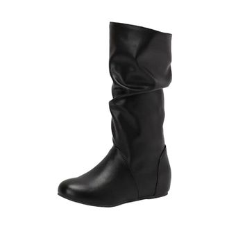 Generic Womens Fashion Mid Calf Booties Round Toe High Height Increasing Heel Slip On With Pleated Shaft Design