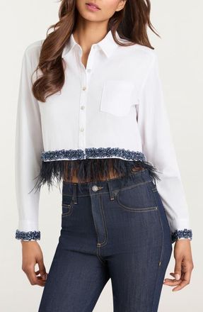 Cinq &agrave; Sept Sylvan Feather Sequin Crop Shirt in White/Bluebell at Nordstrom, Size X-Small