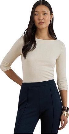 Lauren Ralph Lauren Rib-Knit Cotton-Blend Boatneck T-Shirts Womens Clothing Mascarpone Cream : SM, Cotton/Elastane/Modal