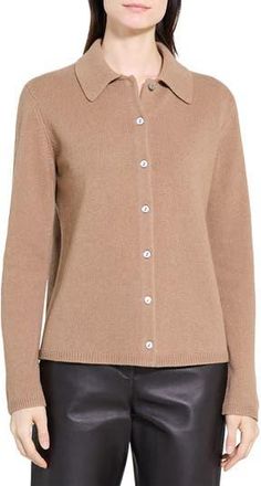 Theory Collar Cashmere & Wool Rib Cardigan in Camel at Nordstrom Rack, Size Petite