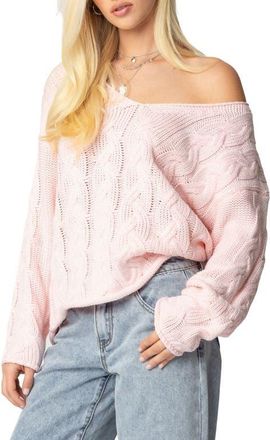 Edikted Inga Oversize V-Neck Cable Sweater in Light-Pink at Nordstrom, Size X-Large
