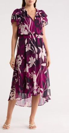 DKNY Floral Flutter Sleeve Chiffon High-Low Dress in African Violet at Nordstrom Rack, Size 12