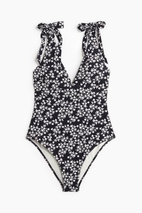 H&M Badeanzug mit wattierten Cups und High Leg - Schwarz/Gebl&uuml;mt