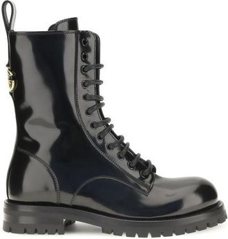 Dolce & Gabbana Black Calf Leather Bos Taurus Lace-Up Womens Boots