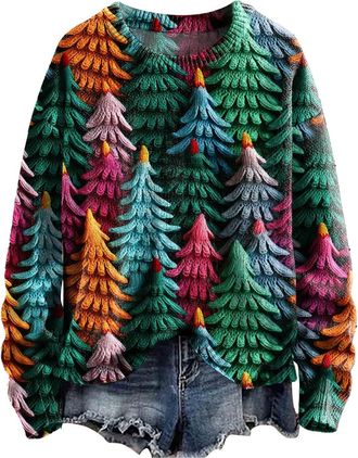 Generic for women, ladies hoodies size 18-20, ladies jumpers,Womens Round Neck Long Sleeved Christmas Tree Snowflake Printed Top Large Sweatshirt