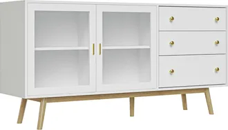 HOMCOM Homcom - Aparador De Cocina Moderno Aparador De Sal&oacute;n Mueble Vitrina Con 2 Puertas De Vidrio 3 Cajones Y Patas De Madera De Caucho 160x40x80 Cm