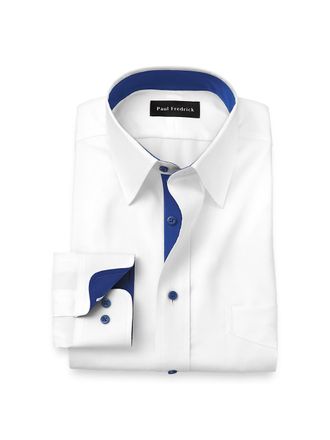 Paul Fredrick Tailored Fit Comfort Stretch Non-iron Solid Dress Shirt With Contrast Trim
