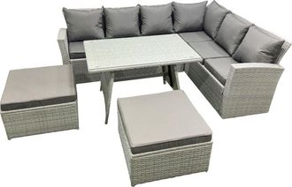 Fimous Fimous 8 Seater Garden Outdoor Rattan Furniture Set Rattan Corner Sofa Oblong Dining Table Set with 2 Big Footstools Light Grey Mixed